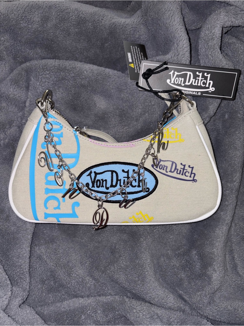 Von Dutch Beige Canvas Mini Bag with Blue and Yellow Logo Accents